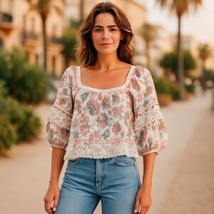 Christian Siriano Top Blouse Womens Small Floral Tropical‎ Crochet  Hobo New